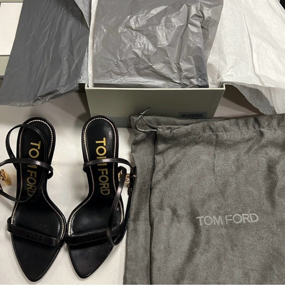 Tom Ford Black Leather Ankle-Strap Stiletto Sandals with Gold Heel - Picture 5 of 11